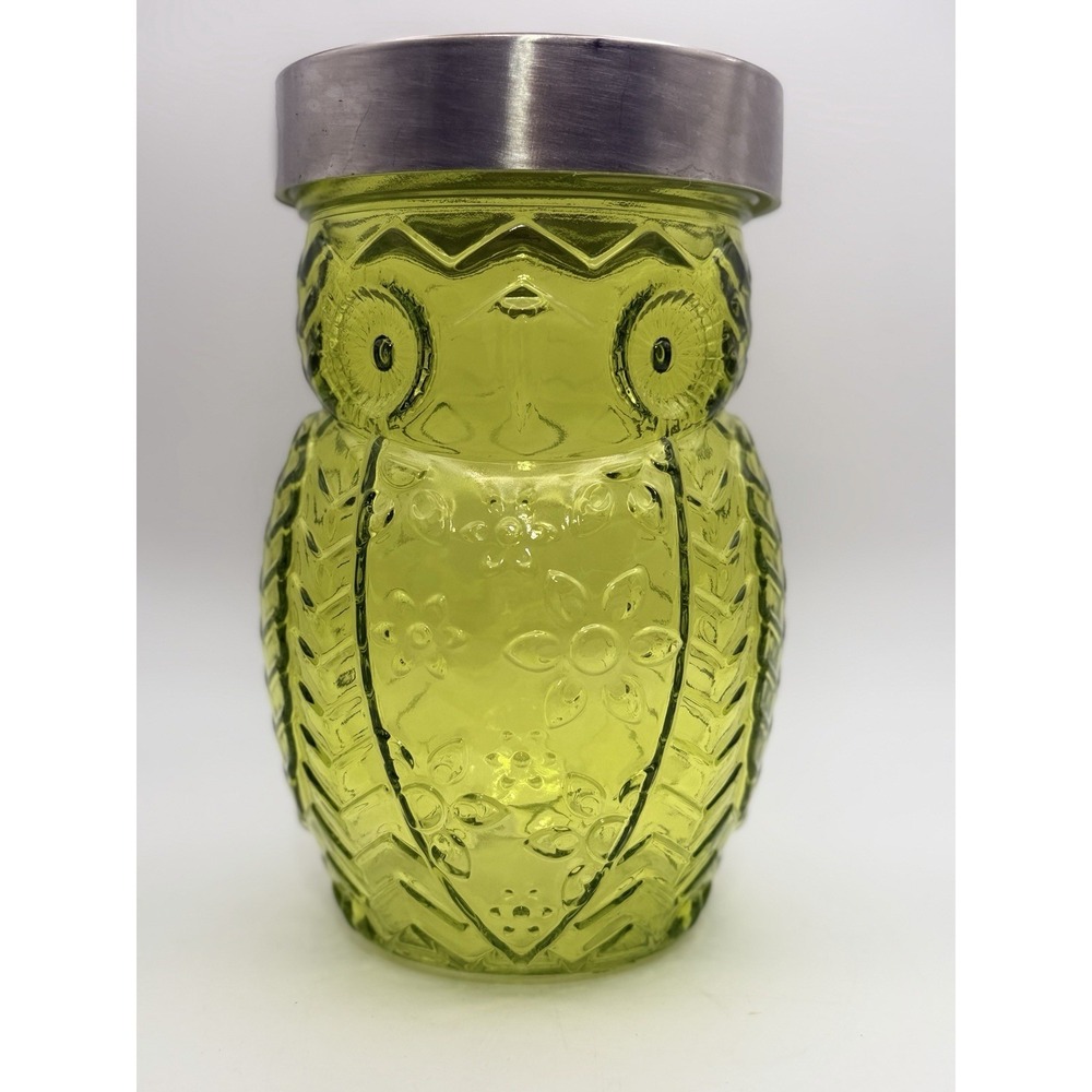 Vintage Style Lime Green Glass Owl & Flowers Jar Canister